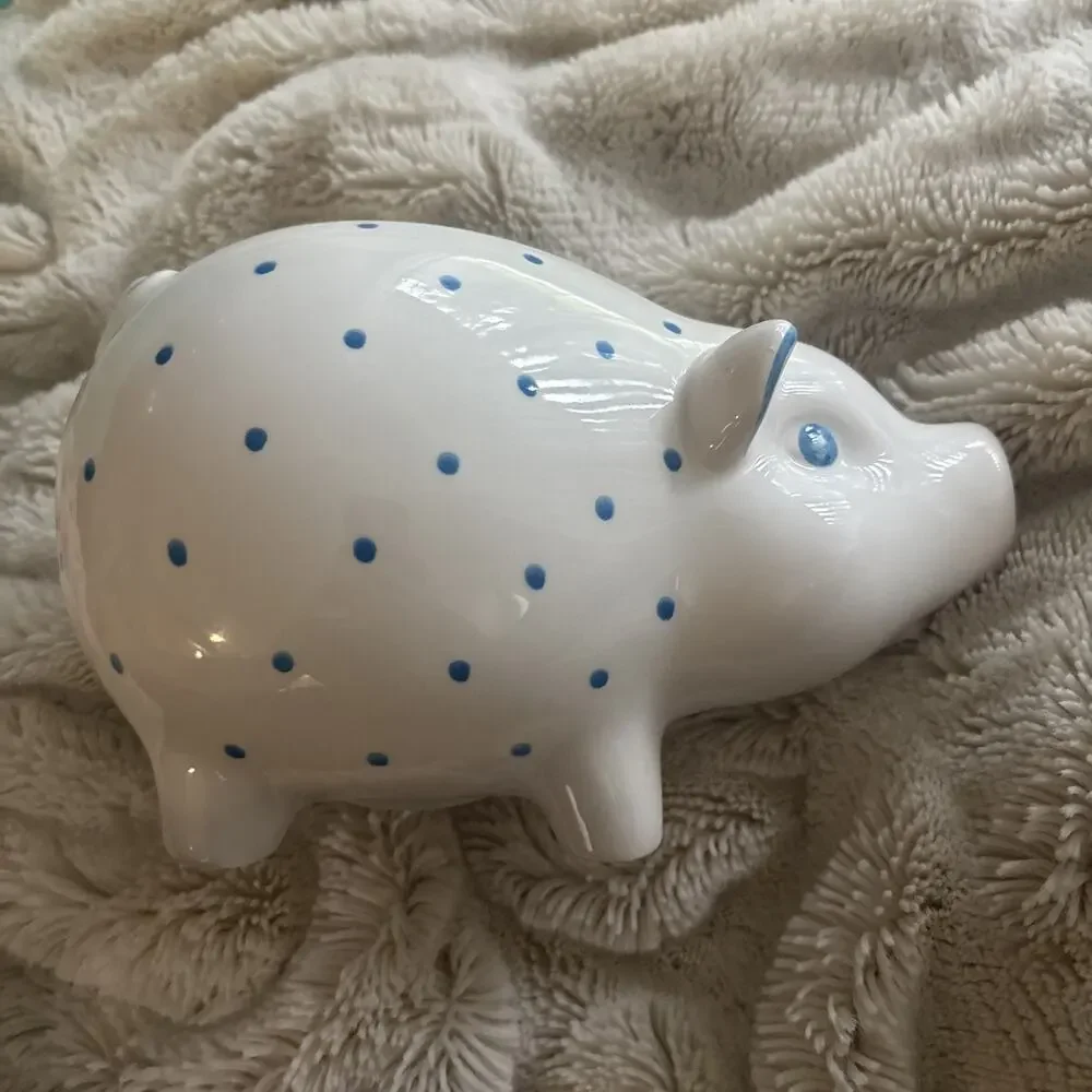 Tiffany & Co. Handpainted Ceramic Piggy Bank White Blue Polka Dots (Retired)
